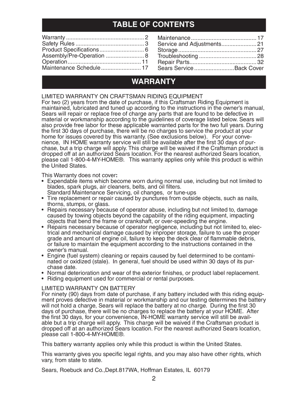 Craftsman 917.27581 owner manual Table of Contents, Warranty 