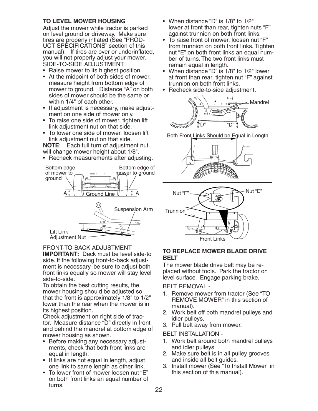 Craftsman 917.27581 To Level Mower Housing, SIDE-TO-SIDE Adjustment, To Replace Mower Blade Drive Belt, Belt Removal 