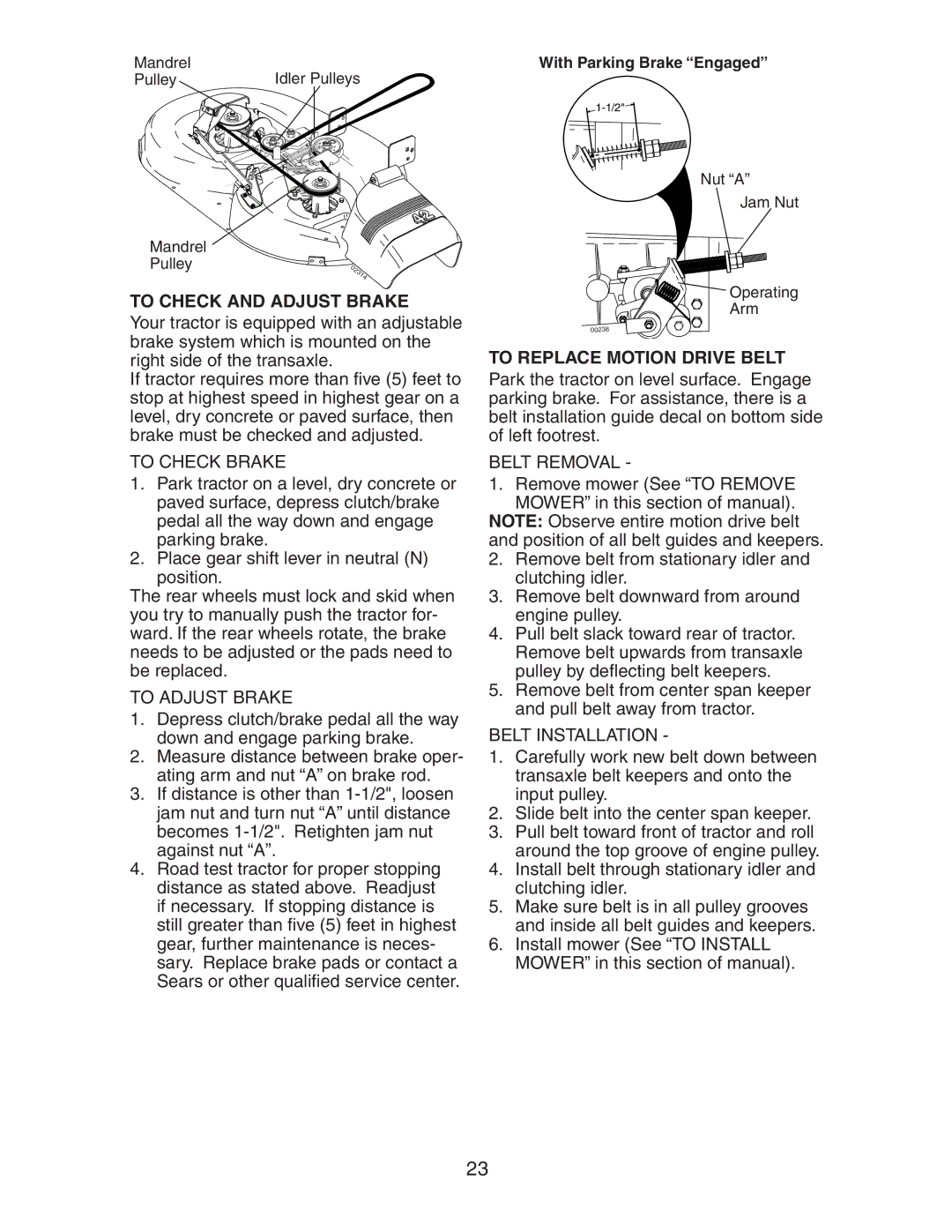 Craftsman 917.27581 owner manual To Check and Adjust Brake, To Check Brake, To Adjust Brake, To Replace Motion Drive Belt 