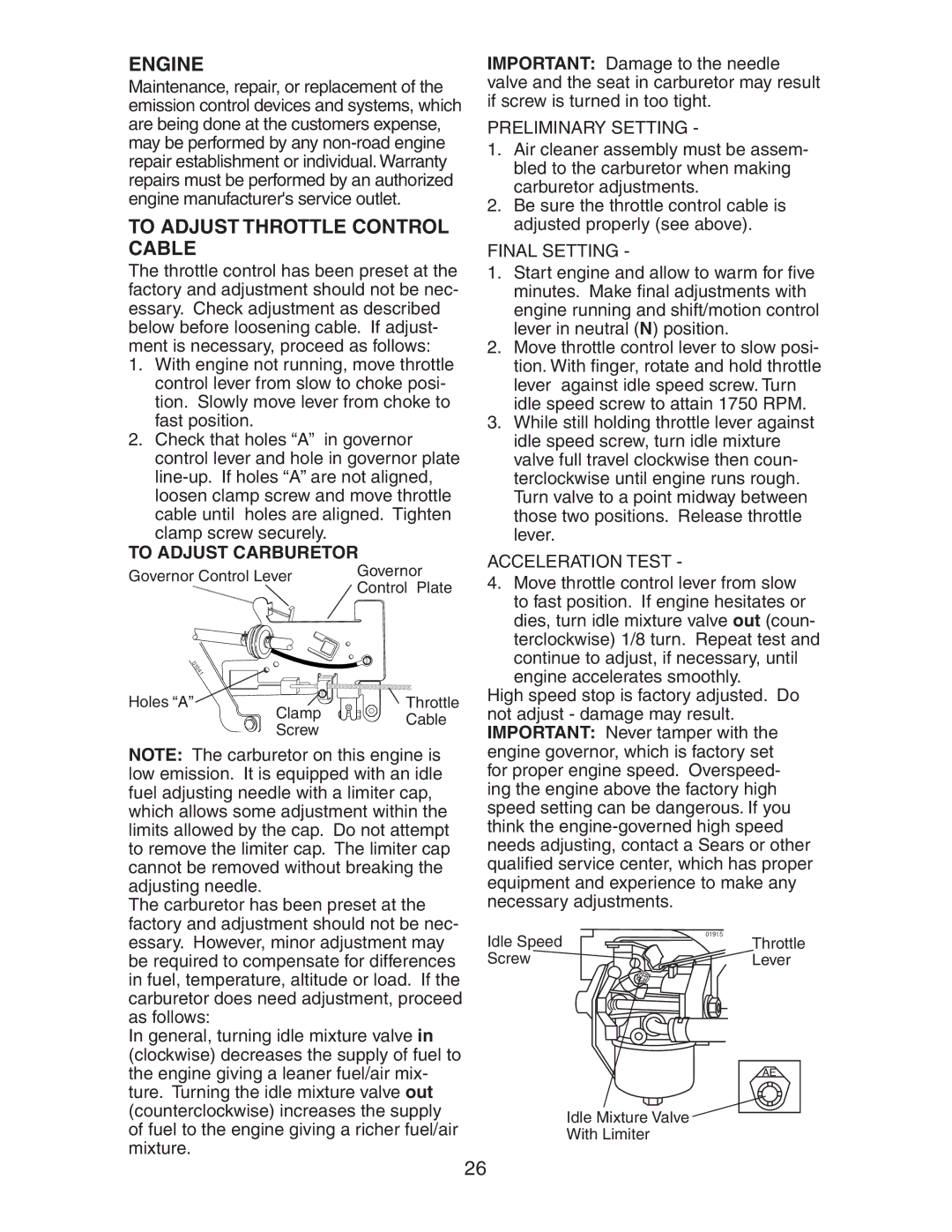 Craftsman 917.27581 owner manual To Adjust Throttle Control Cable, To Adjust Carburetor, Preliminary Setting, Final Setting 