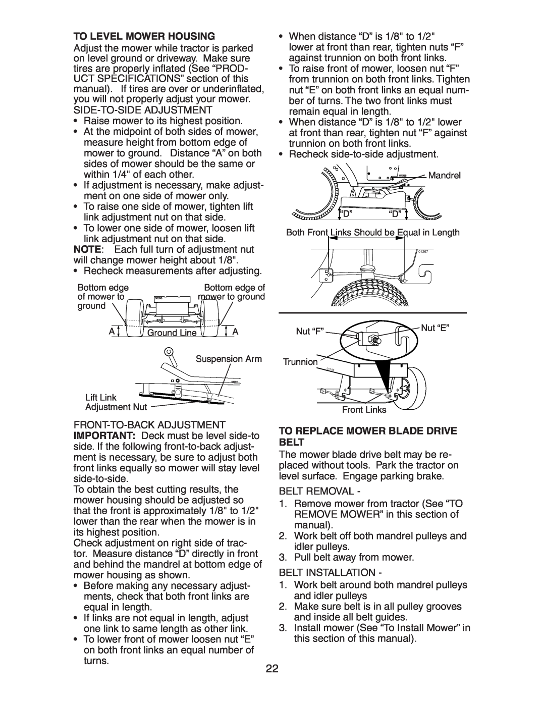 Craftsman 917.27581 owner manual To Level Mower Housing, To Replace Mower Blade Drive Belt 