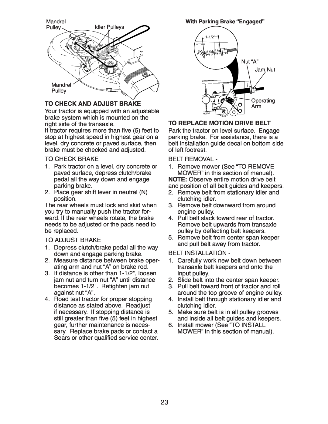 Craftsman 917.27581 owner manual To Check And Adjust Brake, To Replace Motion Drive Belt, With Parking Brake “Engaged” 