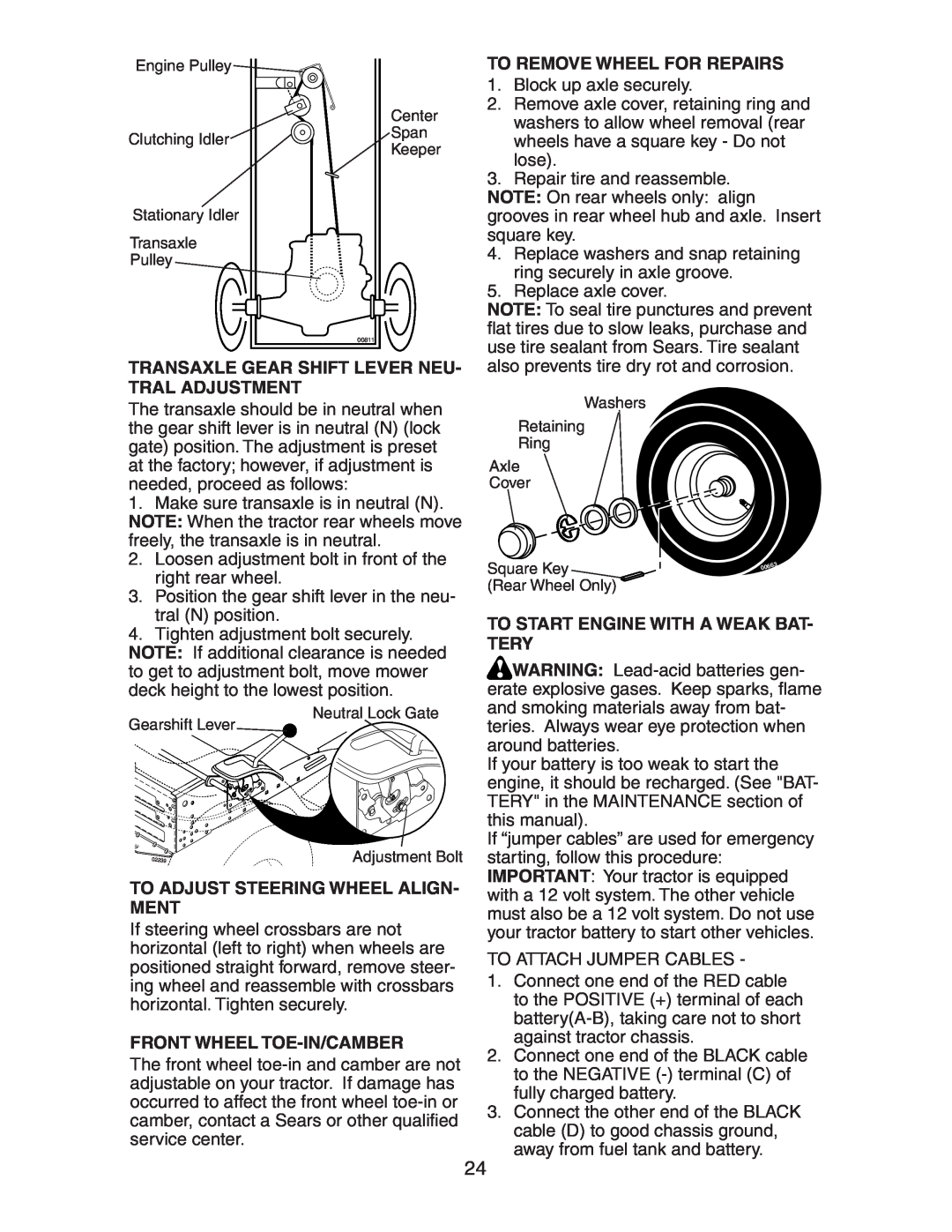 Craftsman 917.27581 owner manual To Remove Wheel For Repairs, Transaxle Gear Shift Lever Neu- Tral Adjustment 