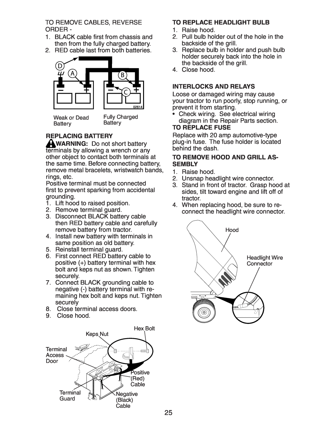 Craftsman 917.27581 owner manual To Replace Headlight Bulb, Interlocks And Relays, To Replace Fuse, Replacing Battery 