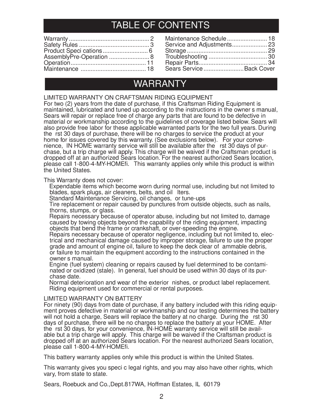 Craftsman 917.27582 owner manual Table of Contents, Warranty 