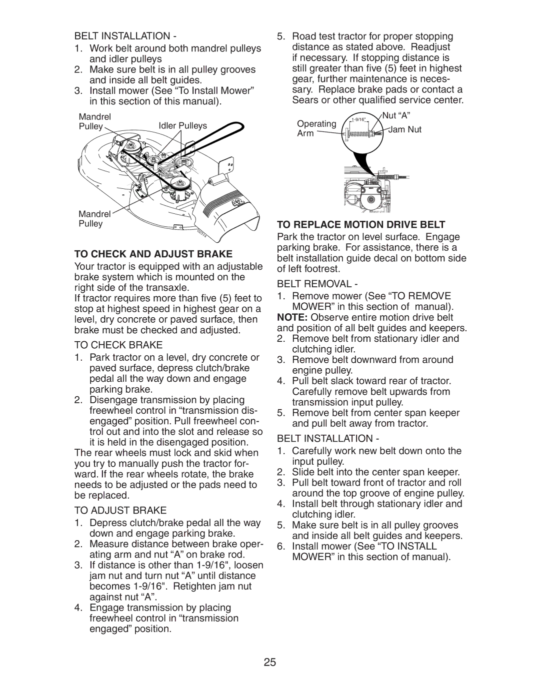 Craftsman 917.27582 owner manual Belt Installation, To Check and Adjust Brake, To Check Brake, To Adjust Brake 