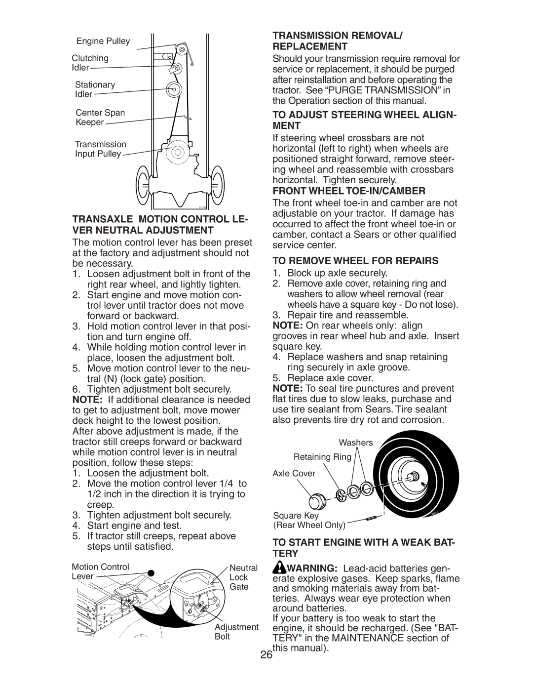 Craftsman 917.27582 owner manual Transmission Removal Replacement, Transaxle Motion Control LE- VER Neutral Adjustment 