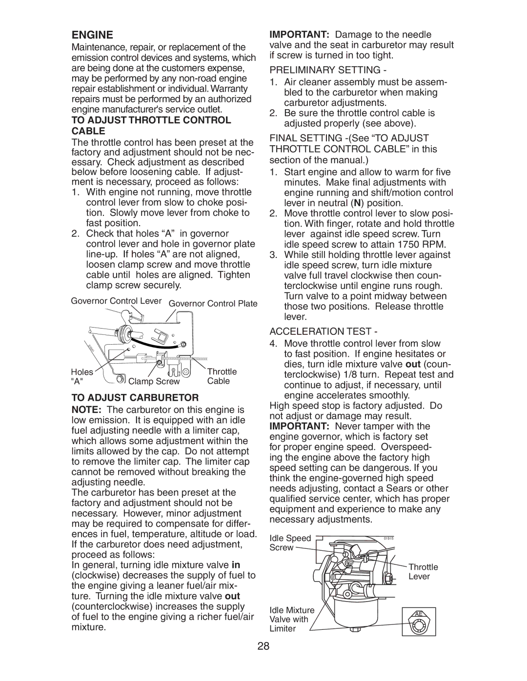 Craftsman 917.27582 To Adjust Throttle Control Cable, To Adjust Carburetor, Preliminary Setting, Acceleration Test 