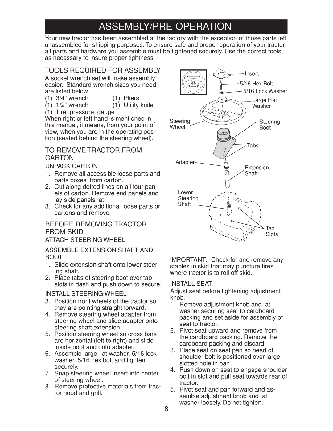 Craftsman 917.27582 owner manual Assembly/Pre-Operation, Tools Required for Assembly, To Remove Tractor from Carton 