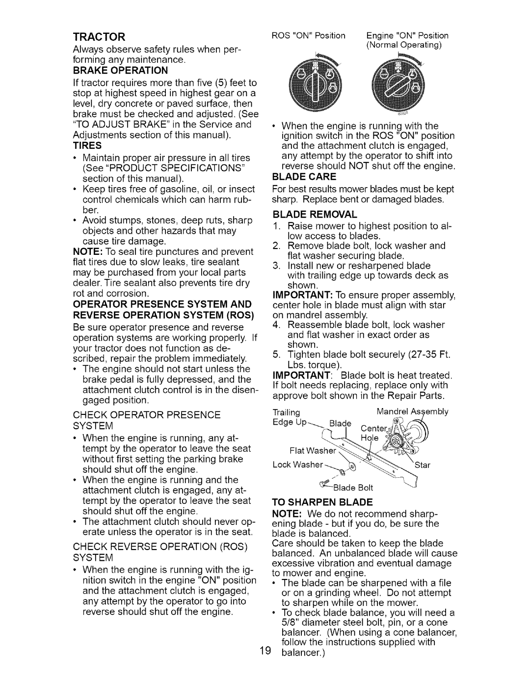 Craftsman 917.27582 owner manual Tractor, Operator Presence System Reverse Operation System ROS, Blade Care, Blade Removal 