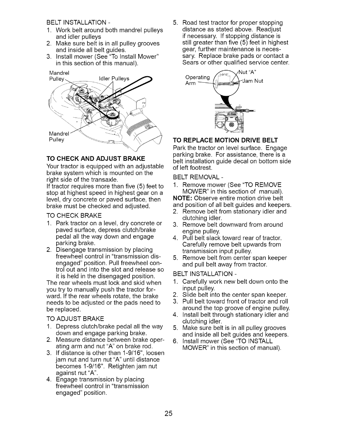 Craftsman 917.27582 owner manual Belt Installation, To Check and Adjust Brake, To Check Brake, To Adjust Brake 