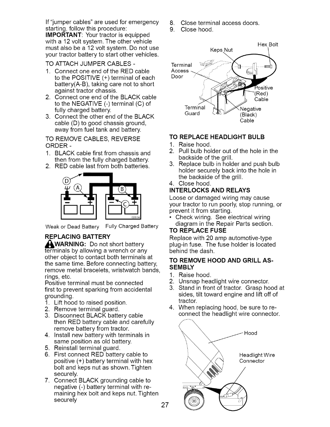 Craftsman 917.27582 owner manual Replacing Battery, To Replace Headlight Bulb, To Remove Hood and Grill AS Sembly 