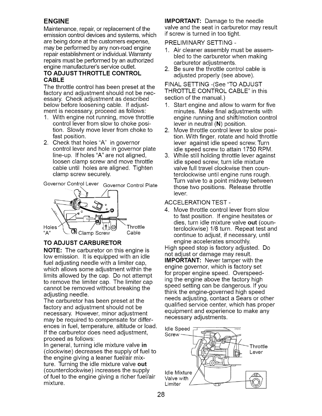 Craftsman 917.27582 Engine, To Adjust Throttle Control Cable, To Adjust Carburetor, Preliminary Setting, Acceleration Test 