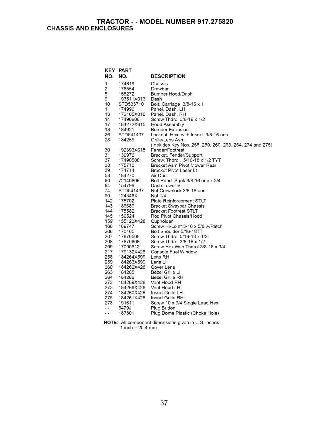 Craftsman 917.27582 owner manual Tractor - Model Number 917,275820 Chassis and Enclosures, KEY Part Description 