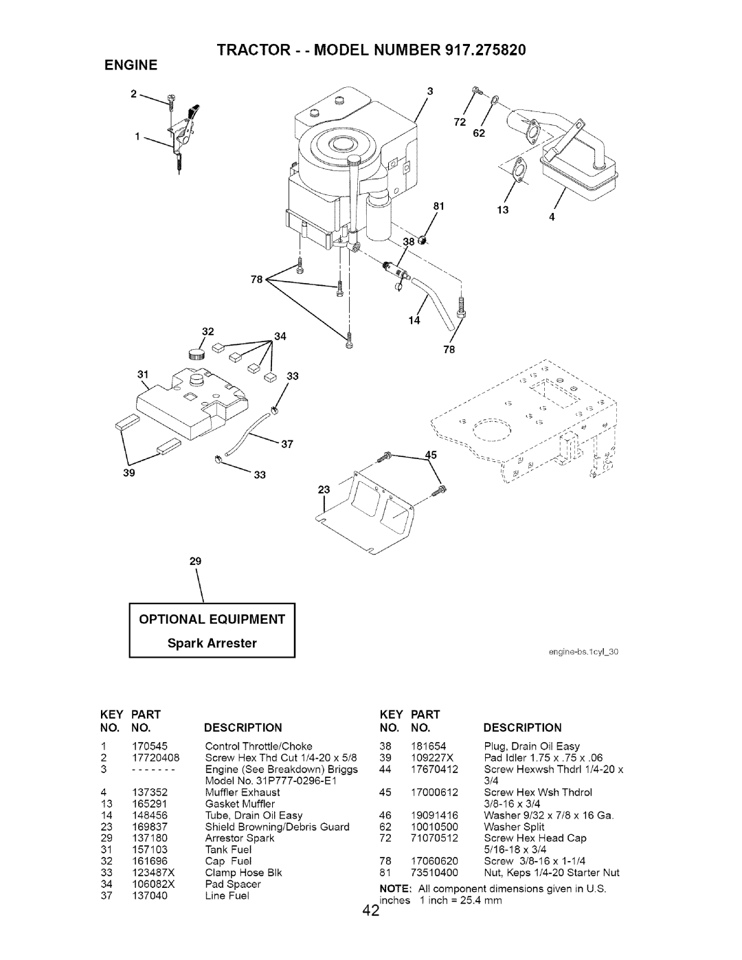 Craftsman 917.27582 owner manual Tractor - Model Number 917,275820, Optional Equipment 