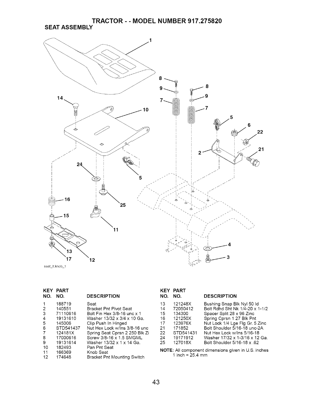 Craftsman 917.27582 owner manual Tractor - Model Number Seat Assembly 