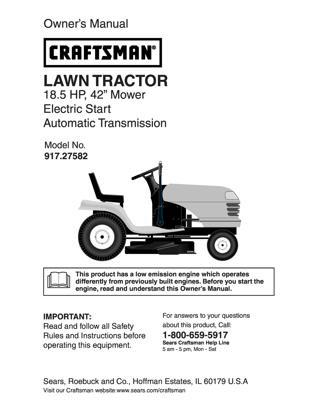 Craftsman 917.27582 owner manual For answers to your questions about this product, Call, Lawn Tractor, Owner’s Manual 