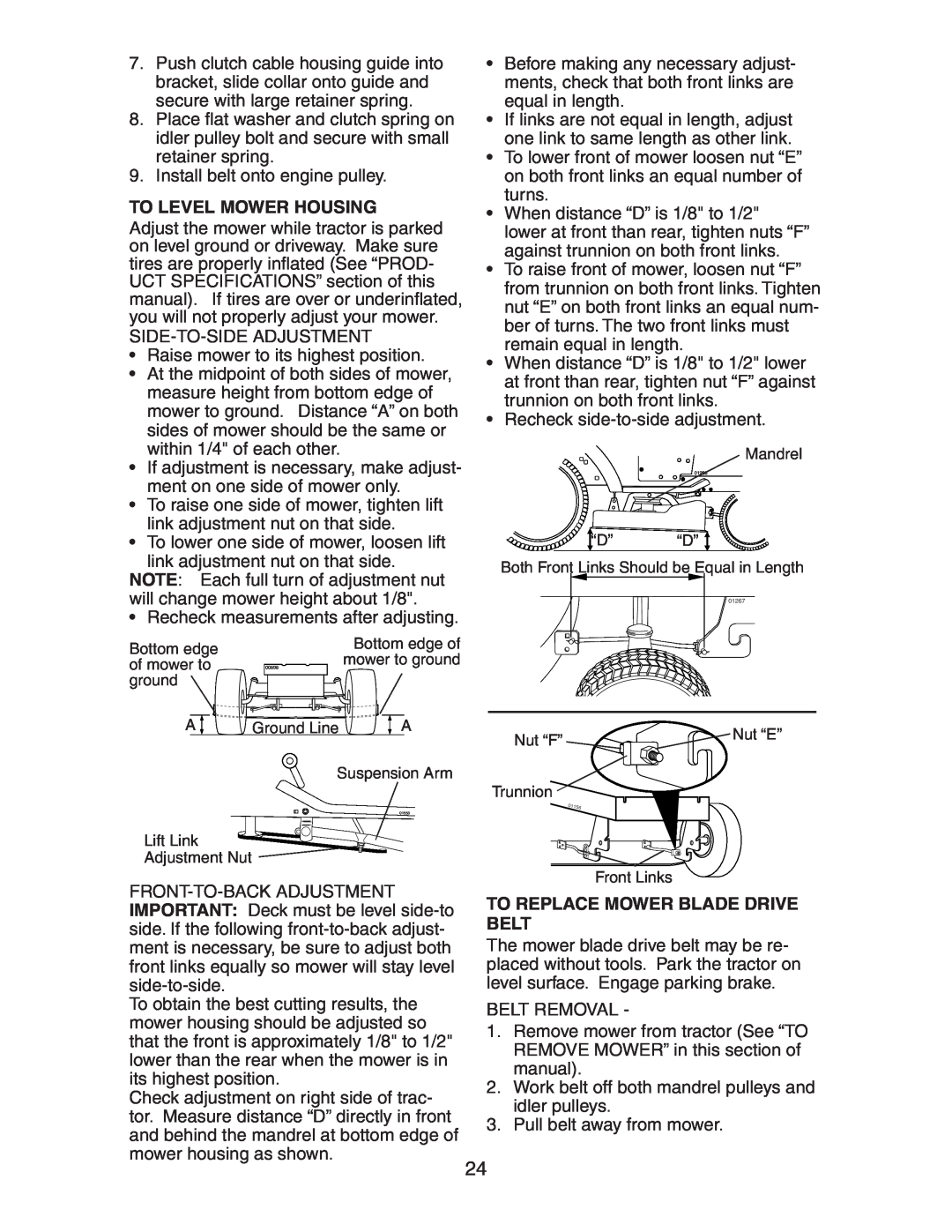 Craftsman 917.27582 owner manual To Level Mower Housing, To Replace Mower Blade Drive Belt 