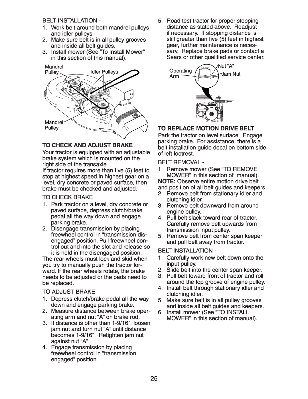 Craftsman 917.27582 owner manual To Check And Adjust Brake, To Replace Motion Drive Belt, Idler Pulleys 