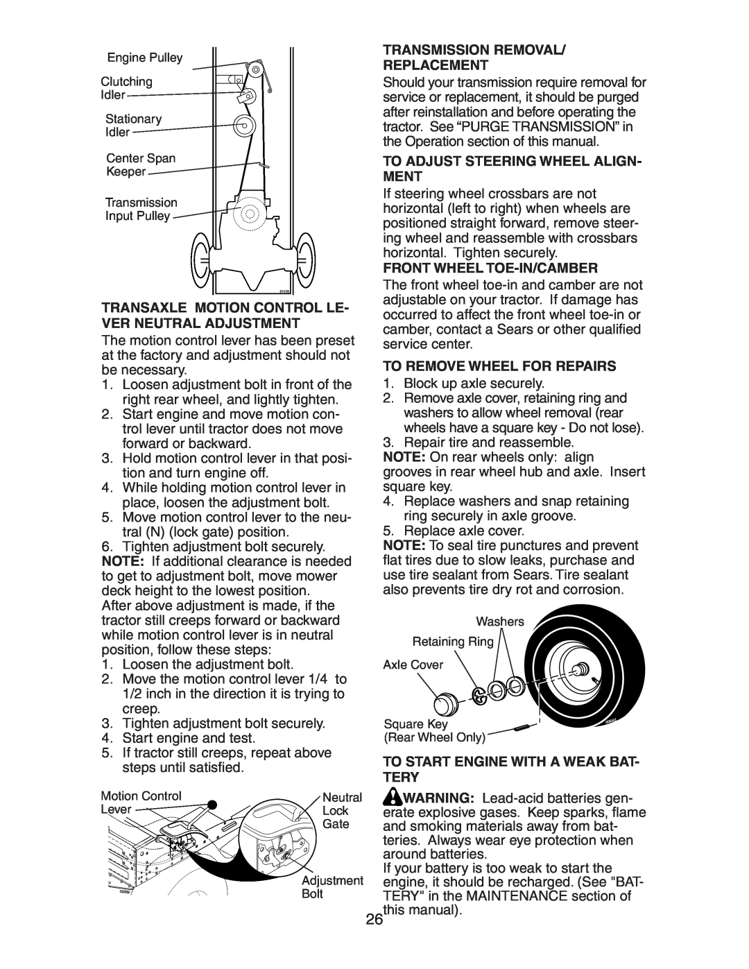 Craftsman 917.27582 owner manual Transmission Removal Replacement, Transaxle Motion Control Le- Ver Neutral Adjustment 
