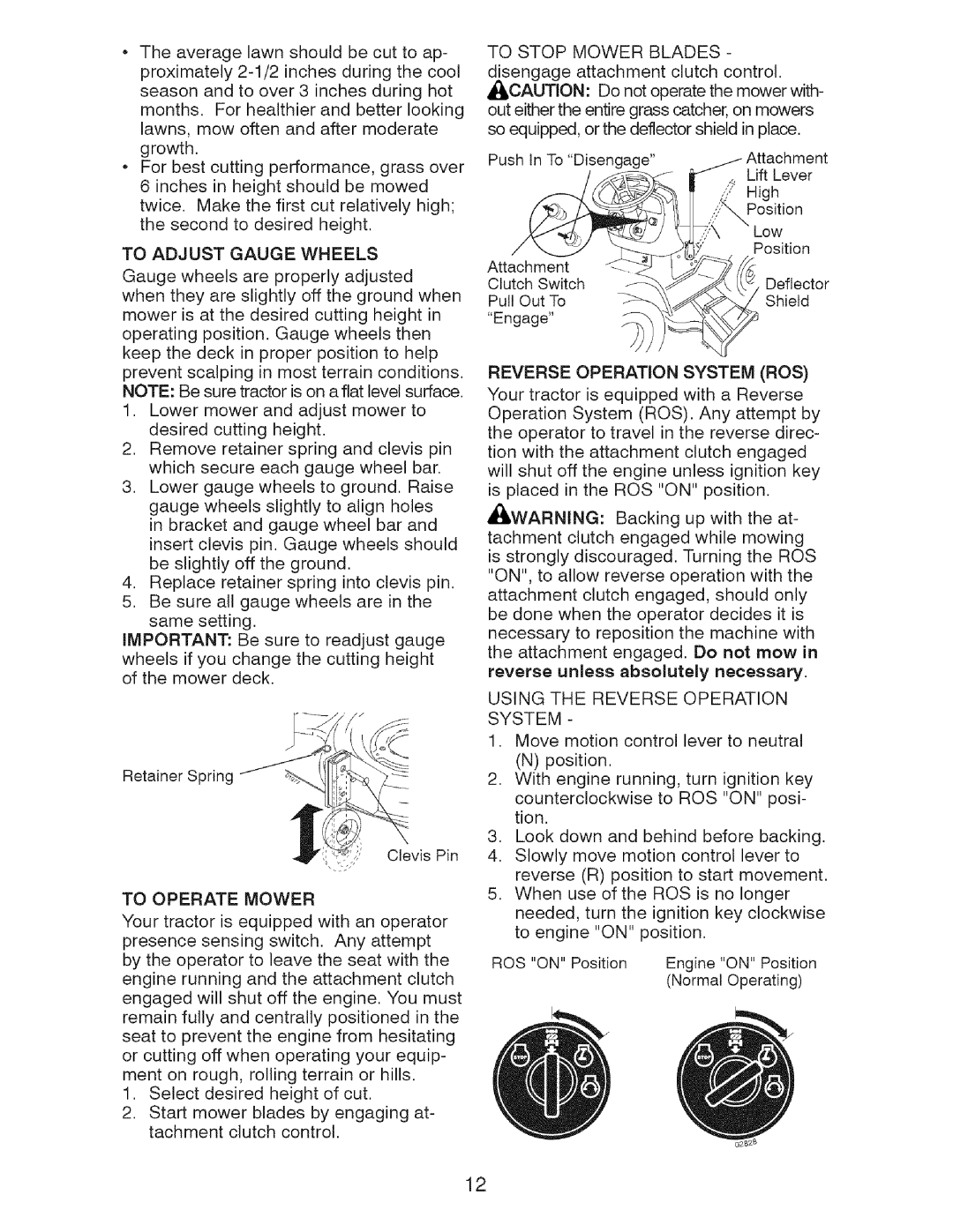 Craftsman 917.2759 manual To Operate Mower, To Adjust Gauge Wheels, Using the Reverse Operation System 