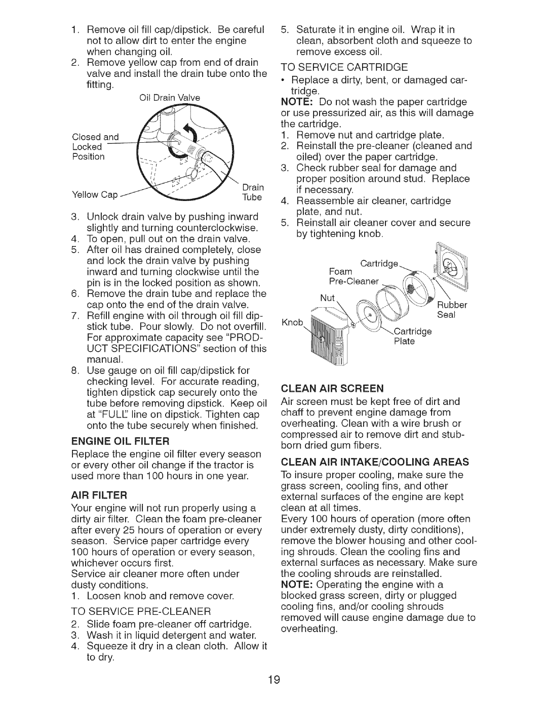 Craftsman 917.2759 manual Engine OIL Filter, AIR Filter, To Service PRE-CLEANER, To Service Cartridge, Clean AIR Screen 