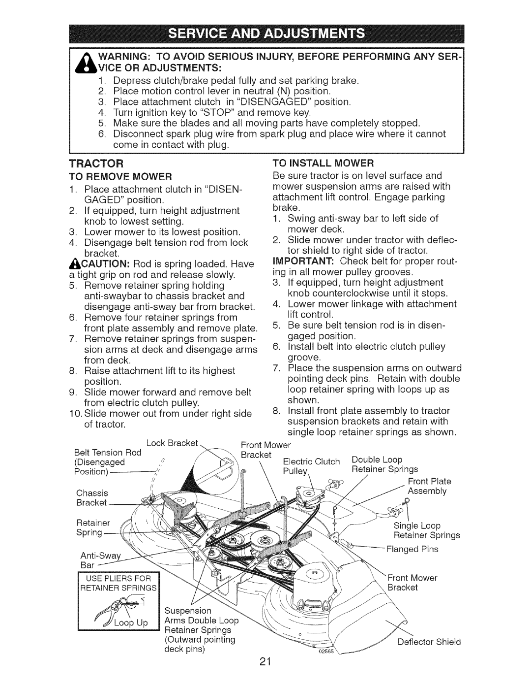 Craftsman 917.2759 manual Vice or Adjustments, Tractor, Remove Mower 