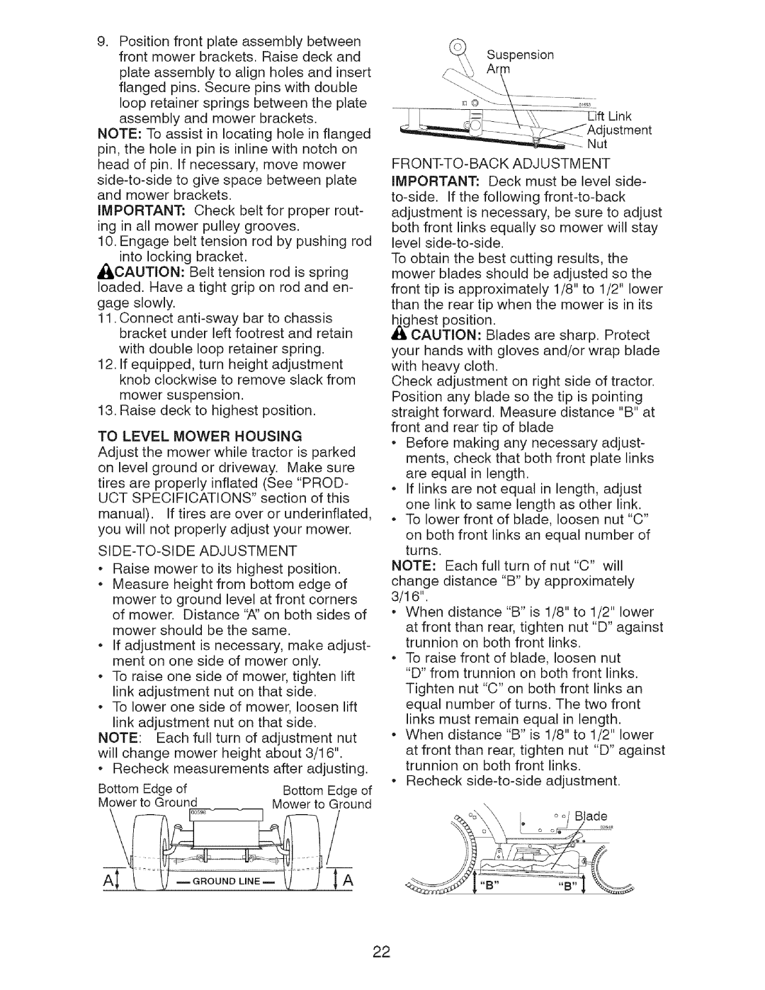 Craftsman 917.2759 manual To Level Mower Housing, SIDE-TO-SIDE Adjustment, FRONT-TO-BACK Adjustment 