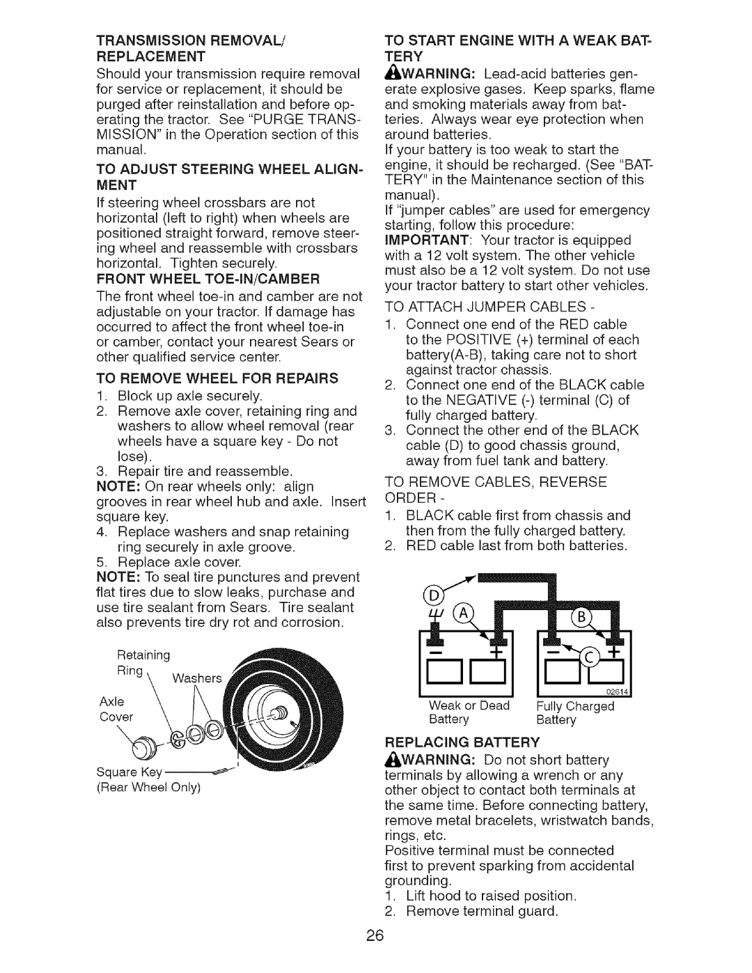 Craftsman 917.2759 manual To Start Engine with a Weak BAT- Tery, To Attach Jumper Cables, Replacing Battery 