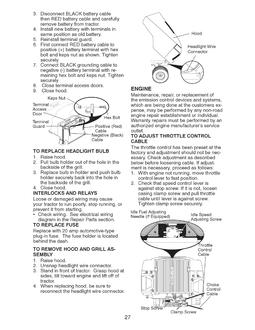 Craftsman 917.2759 manual To Replace Headlight Bulb, To Replace Fuse, To Remove Hood and Grill AS- Sembly, Engine 