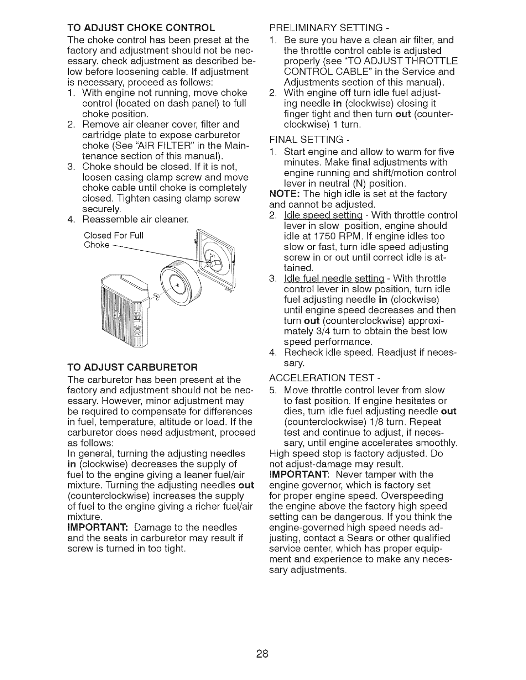 Craftsman 917.2759 Preliminary Setting, To Adjust Choke Control, To Adjust Carburetor, Final Setting, Acceleration Test 