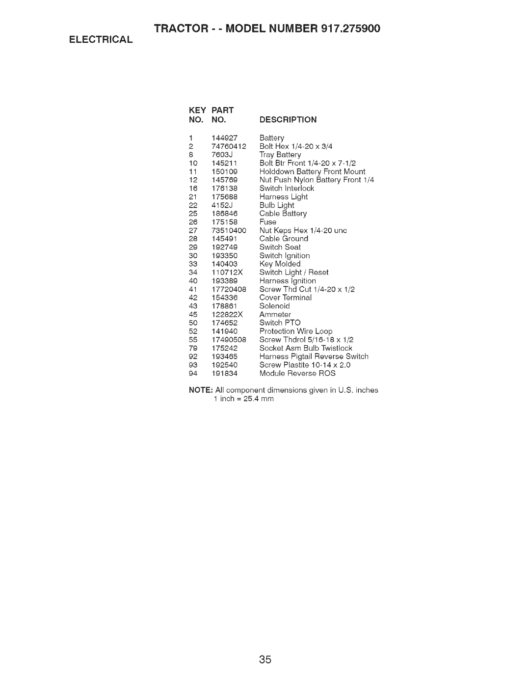 Craftsman 917.2759 manual Electrical KEY Part, DESCRiPTiON 