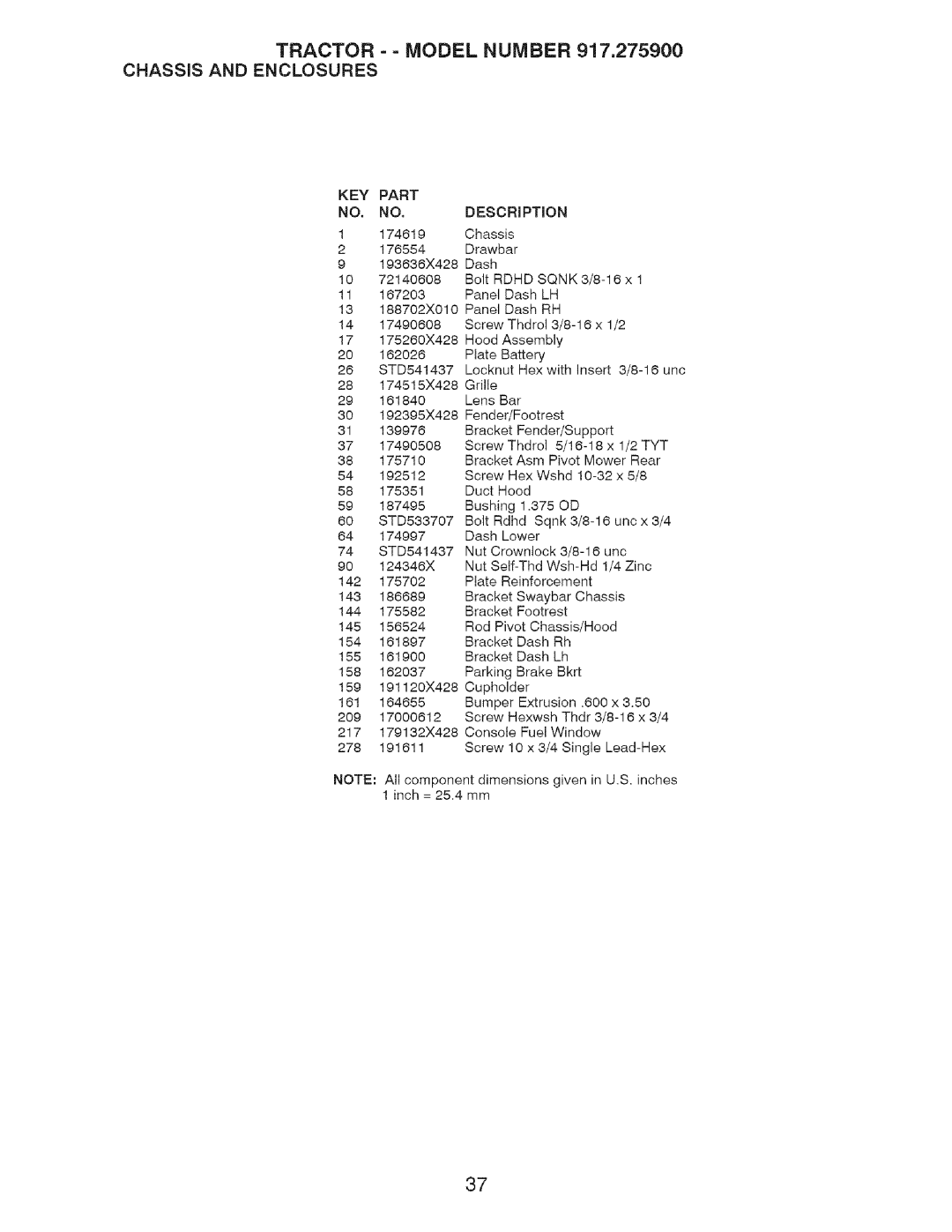 Craftsman manual Tractor = = Model Number 917.275900 Chassis and Enclosures, KEY Part 