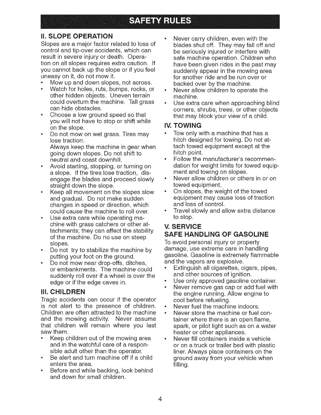 Craftsman 917.2759 manual II. Slope Operation, IV. Towing, Service Safe Handling of Gasoline 