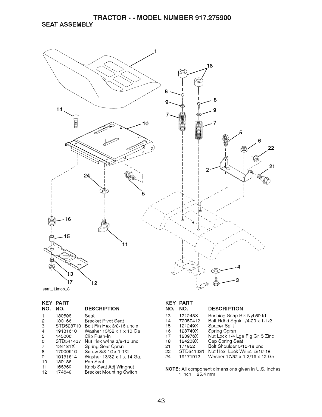 Craftsman 917.2759 manual Tractor = = Model Number Seat Assembly 