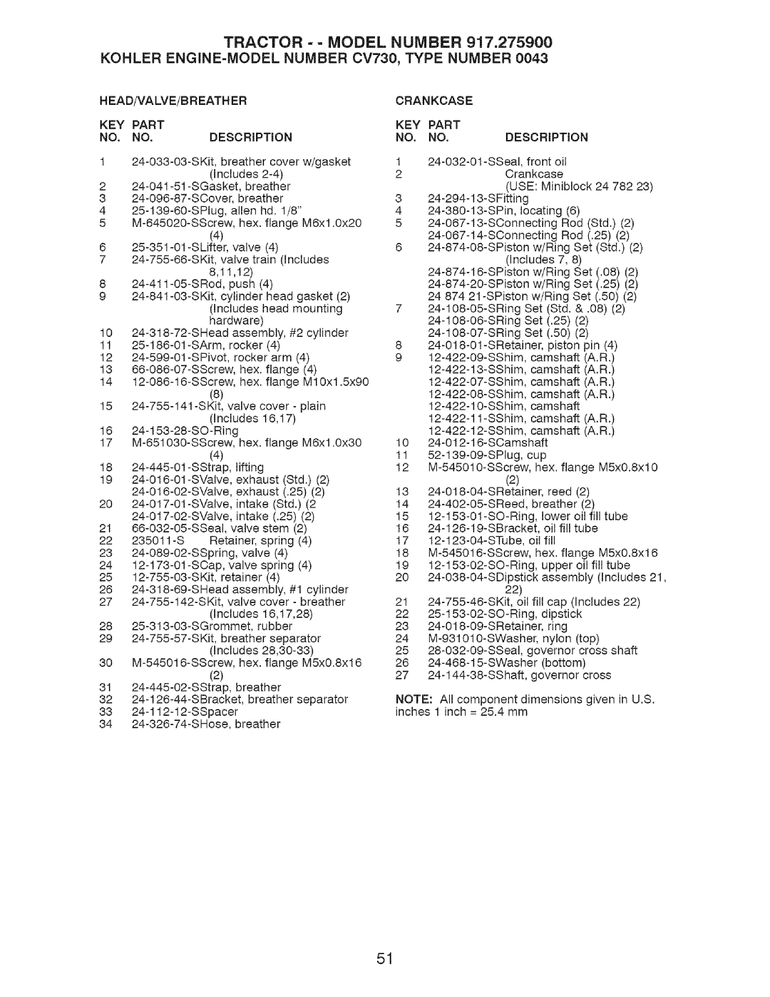 Craftsman 917.2759 manual Engine=Model, HEAD/VALVE/BR Eath ER, Crankcase KEY 