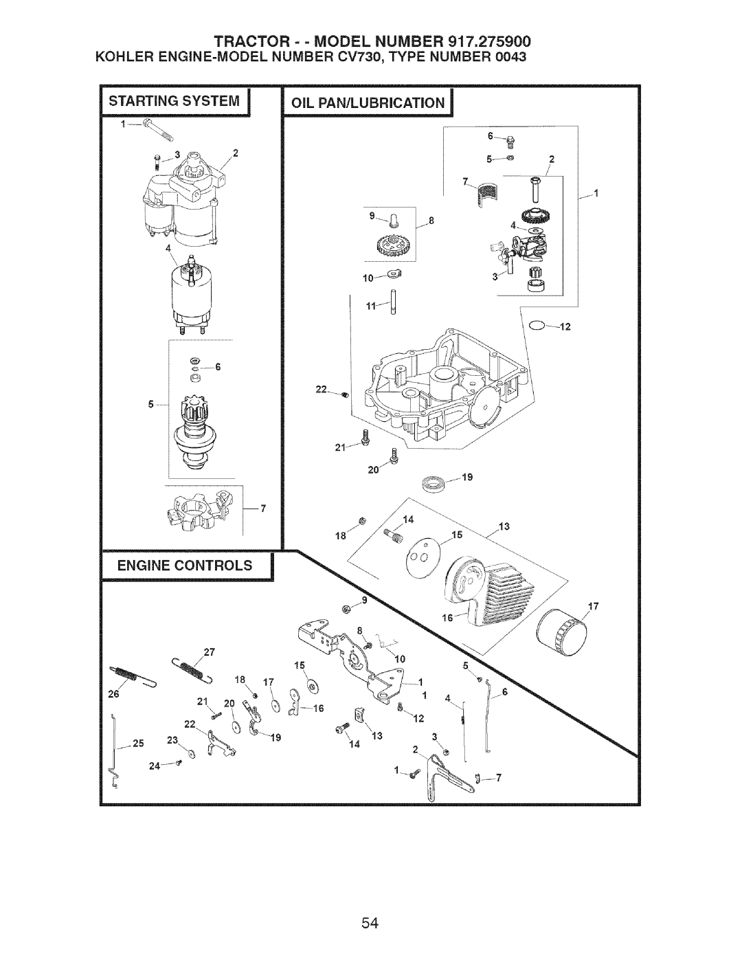 Craftsman 917.2759 manual Kohler ENGINE=MODEL Number CV730, Type Number 