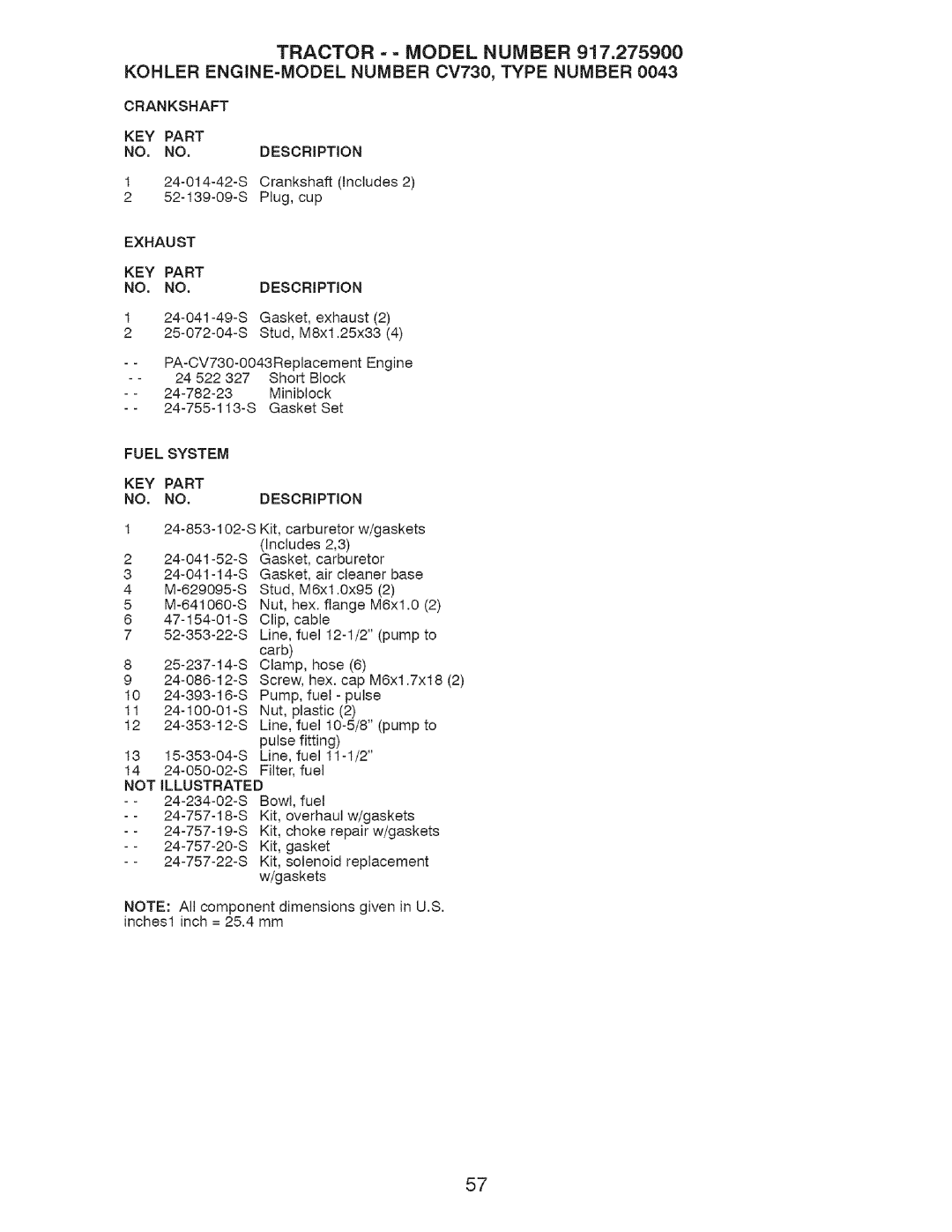 Craftsman 917.2759 manual Exhaust KEY Part, Fuel System 