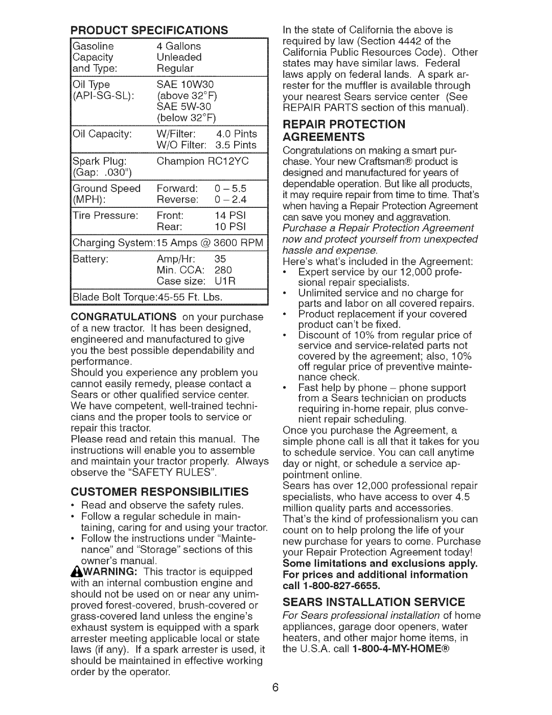 Craftsman 917.2759 manual Repair Protection, For prices and additional information call 1=800=827=6655 