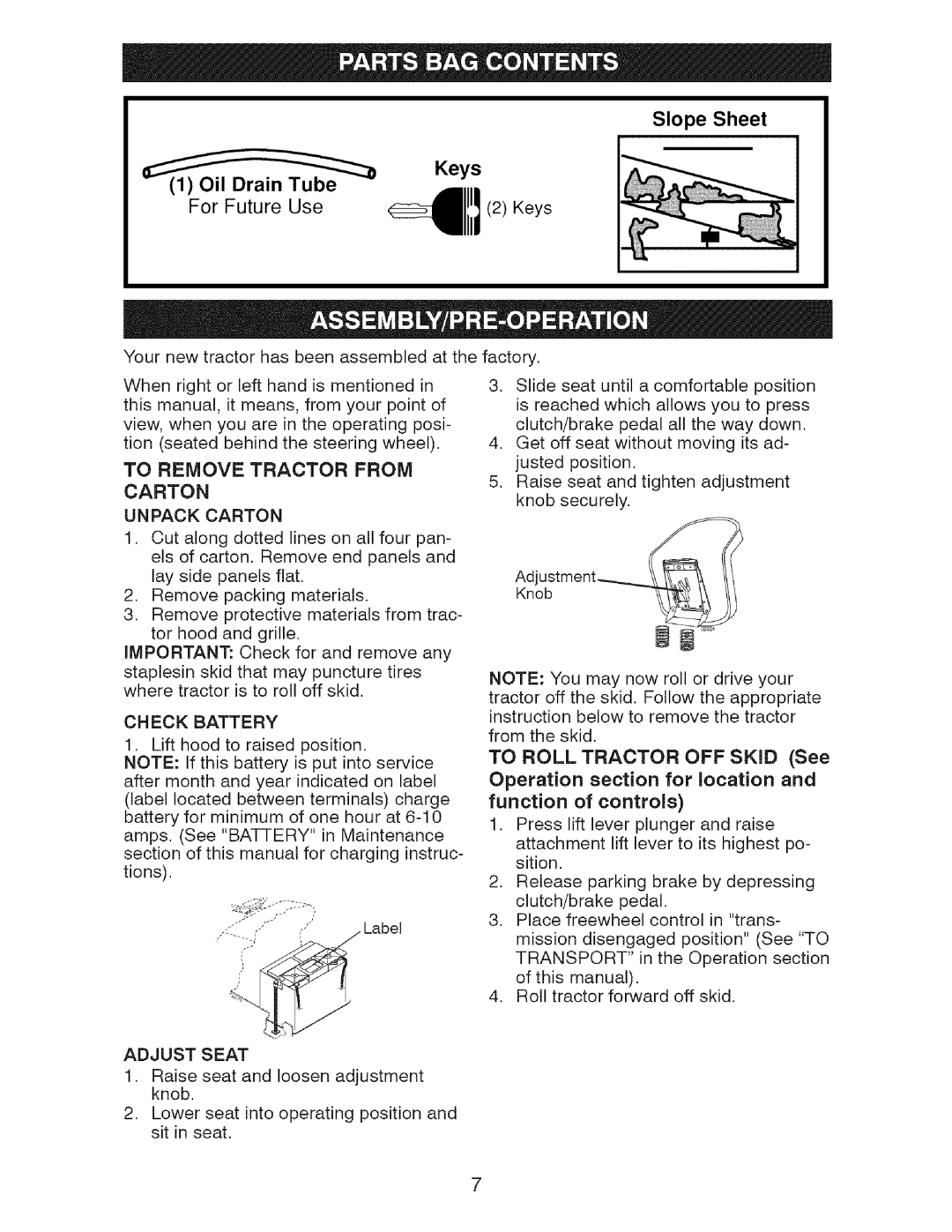 Craftsman 917.2759 manual To Remove Tractor from Carton, Unpack Carton, Check Battery, Adjust Seat 