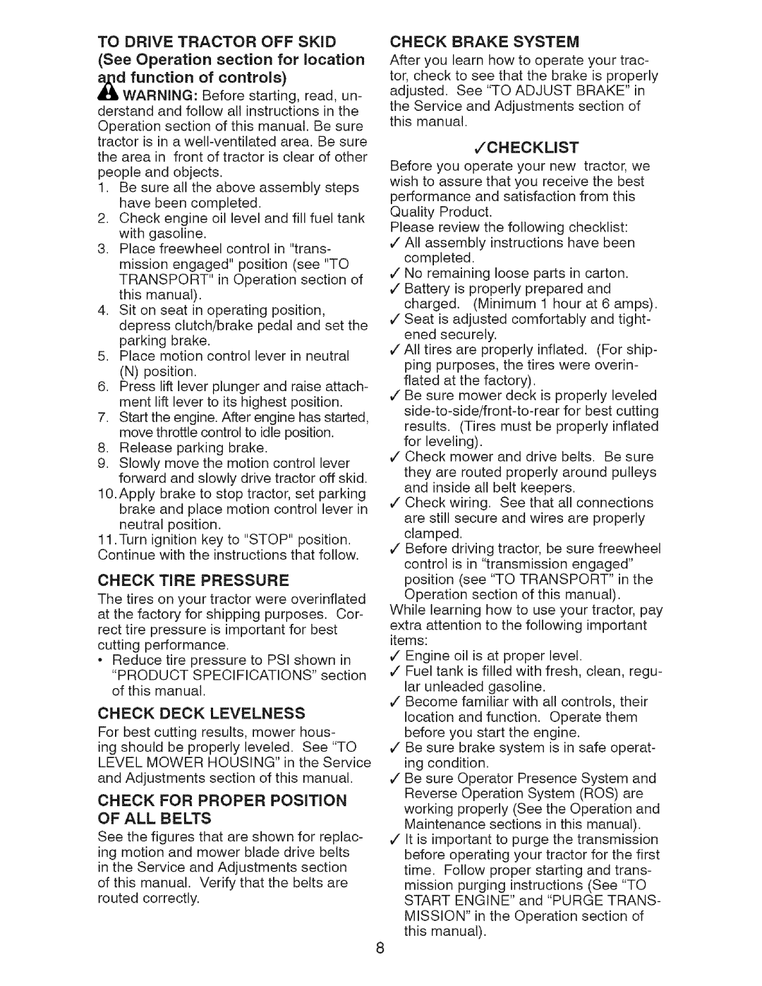 Craftsman 917.2759 manual Check Deck Levelness, ALL Belts, Check Brake System, Checklist 