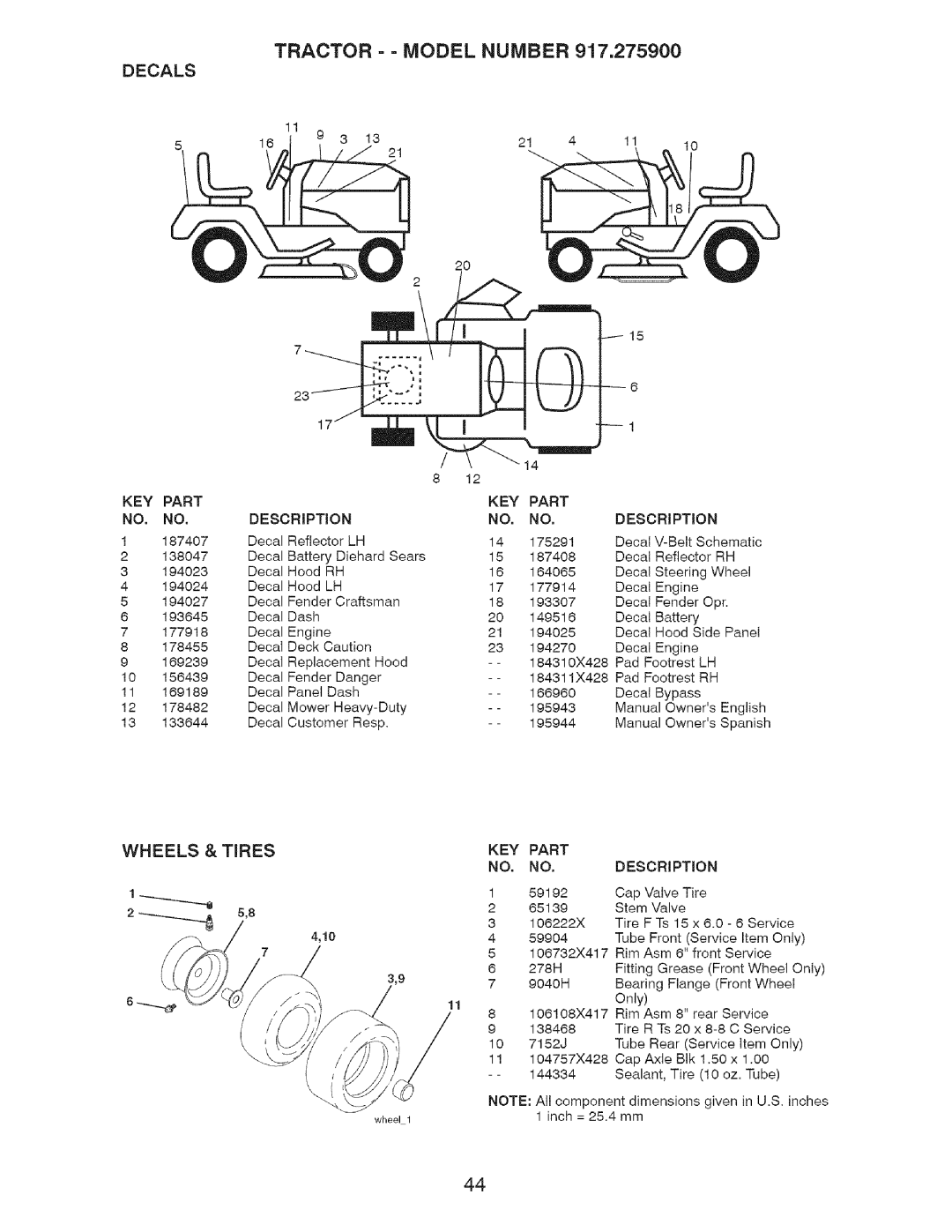 Craftsman 917.2759 manual Tractor = = Model Number, Decals, Key Part 