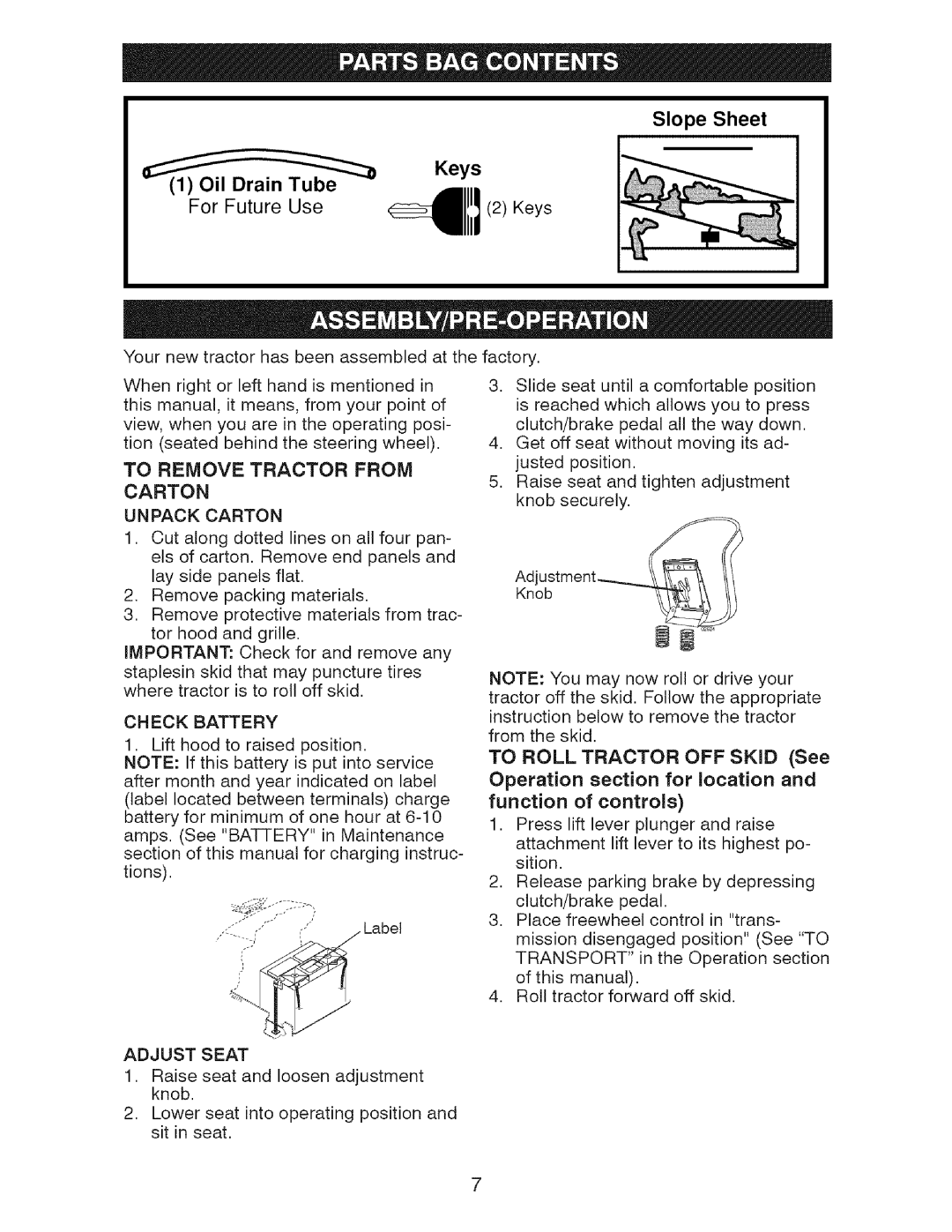 Craftsman 917.2759 manual JJ:l, Slope Sheet Keys, For Future Use, TO ROLL TRACTOR OFF SKiD See, function of controls 
