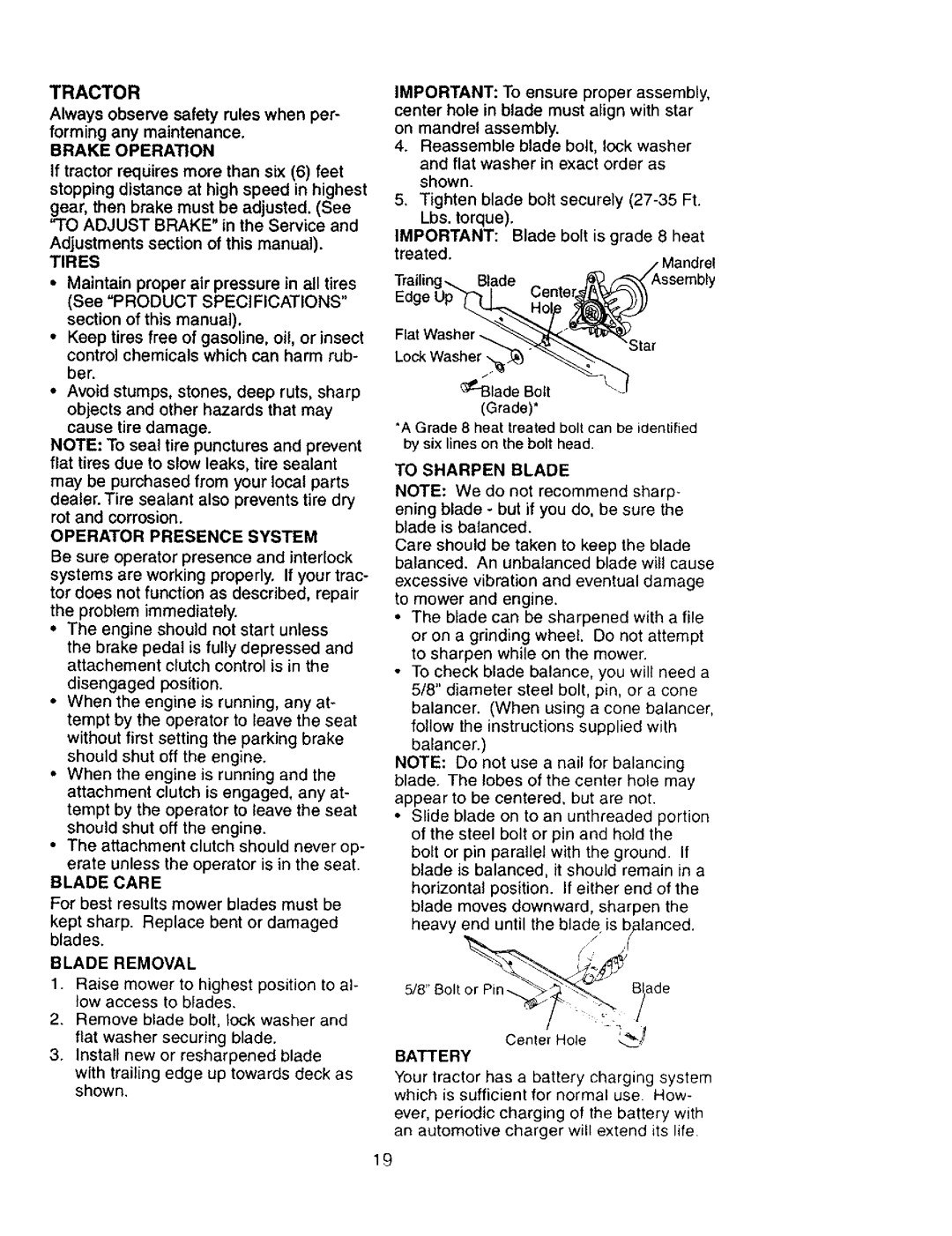 Craftsman 917.27603 manual Tractor, Brake Operation, Tires, Operator Presence System, Blade Care, Blade Removal 