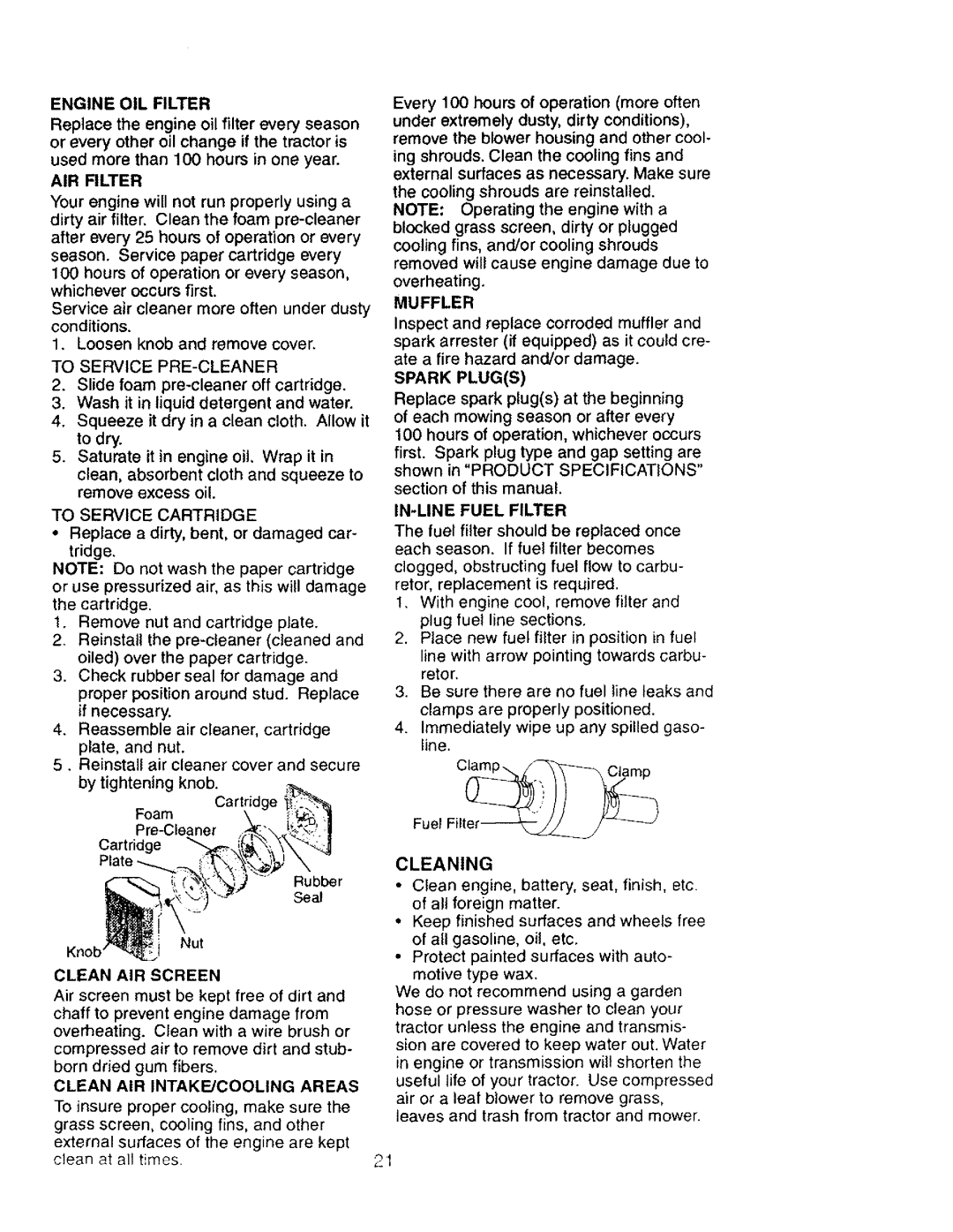 Craftsman 917.27603 manual Engine OIL Filter, AIR Rlter, Muffler, Spark Plugs, Clean AIR Screen 