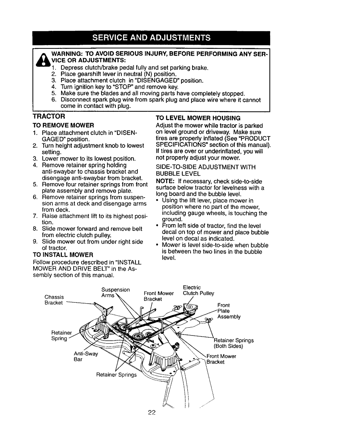 Craftsman 917.27603 manual Tractor, Vice or Adjustments, To Remove Mower, To Level Mower Housing, Both Sides 