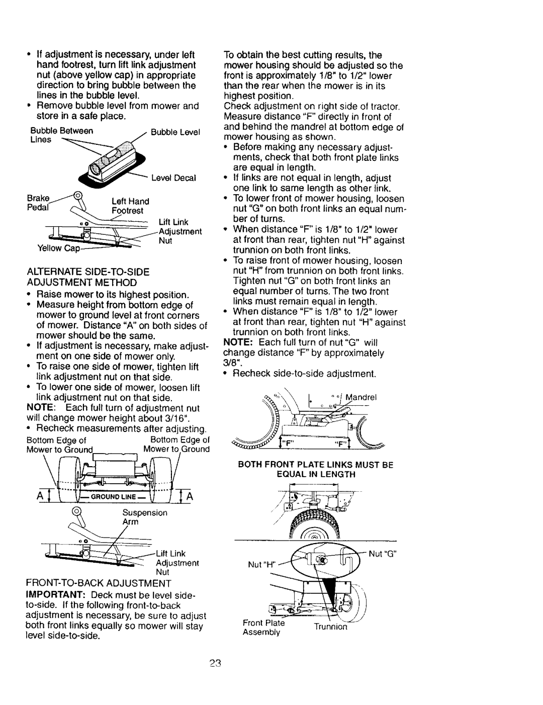 Craftsman 917.27603 manual Bubble Between Bubble Level Lines, Alternate SIDE-TO-SIDE Adjustment Method, Front Plate 