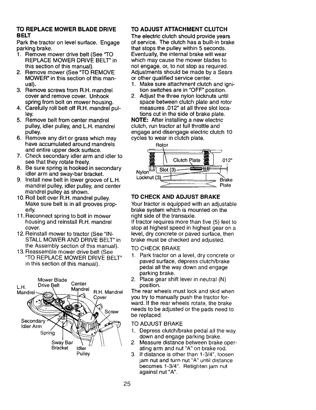 Craftsman 917.27603 manual To Replace Mower Blade Drive Belt, To Adjust Attachment Clutch, To Check and Adjust Brake 