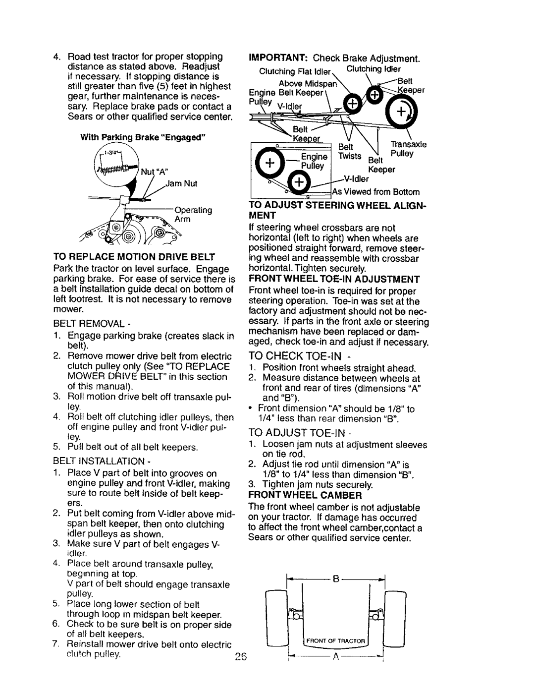 Craftsman 917.27603 To Replace Motion Drive Belt, To Adjust Steering Wheel ALIGN- Ment, Front Wheel TOE-IN Adjustment 