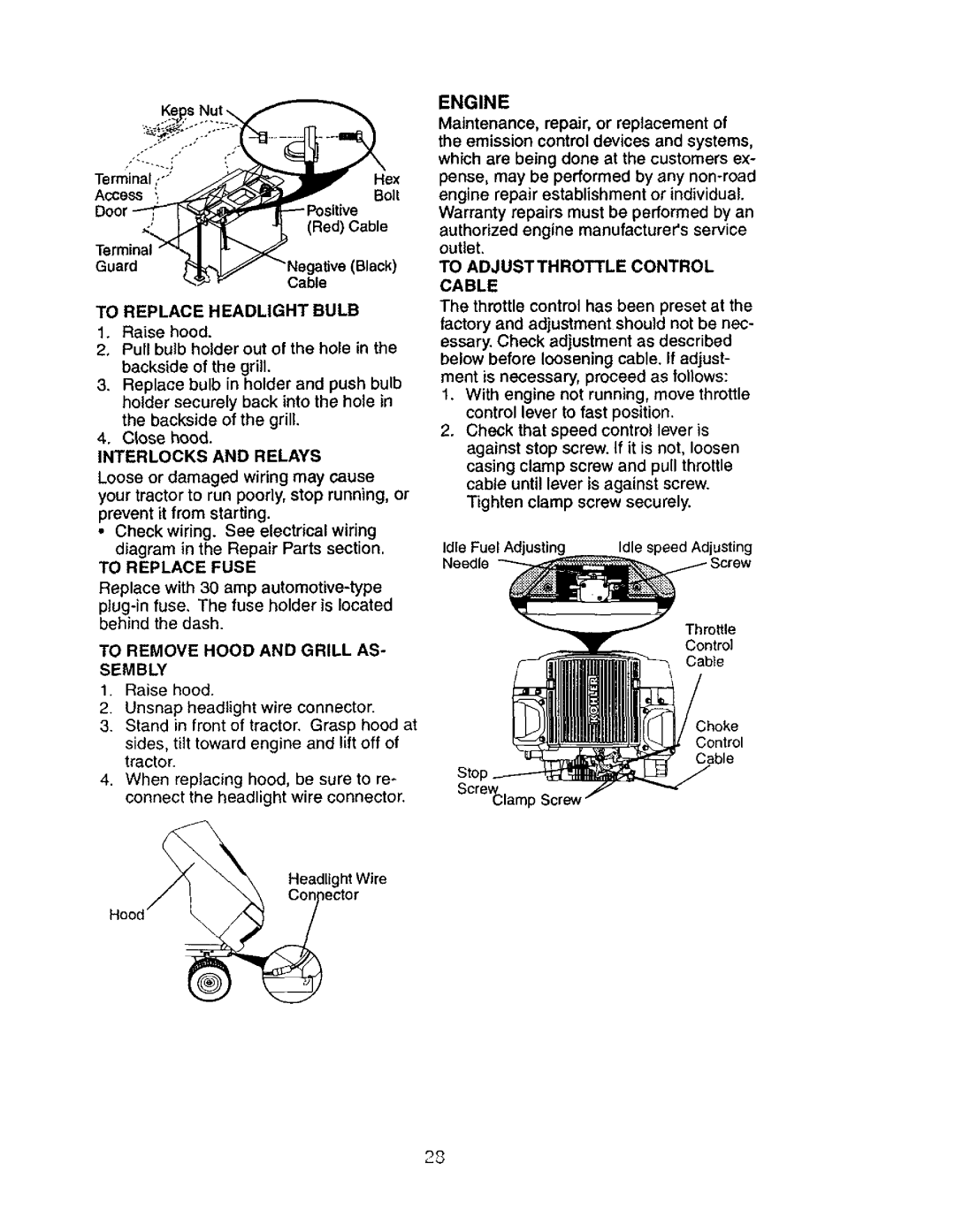 Craftsman 917.27603 manual To Replace Fuse, To Remove Hood and Grill AS- Sembly, Engine, To Adjustthrottle Control Cable 